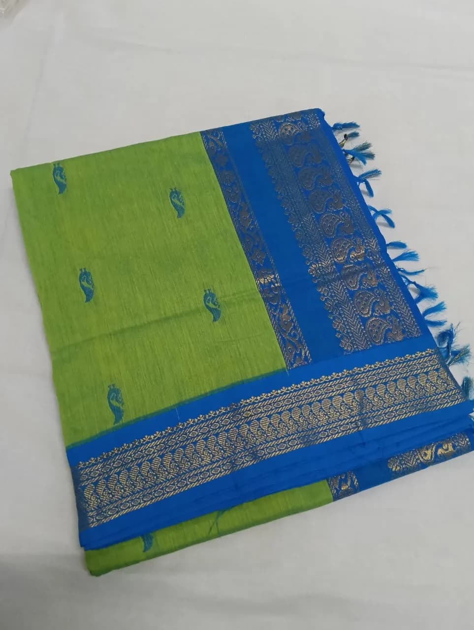 Kalyani cotton saree plain (blue and green combo)
