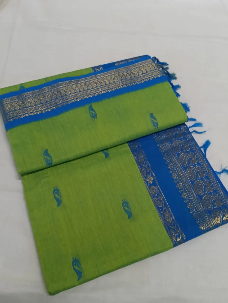 Kalyani cotton saree plain (blue and green combo)