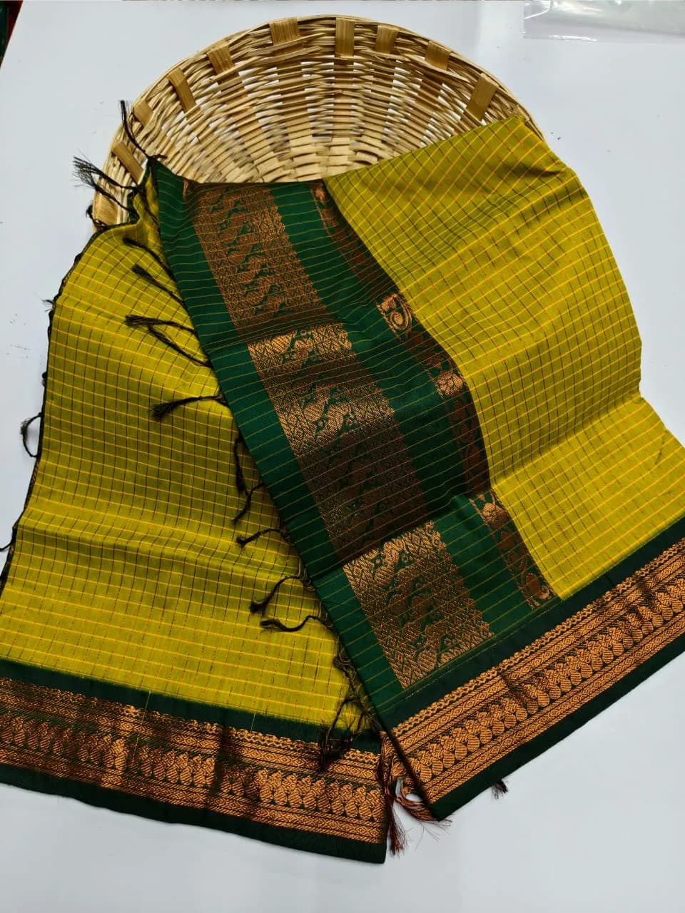 Checked kalyani cotton (parrot green and bottle green)