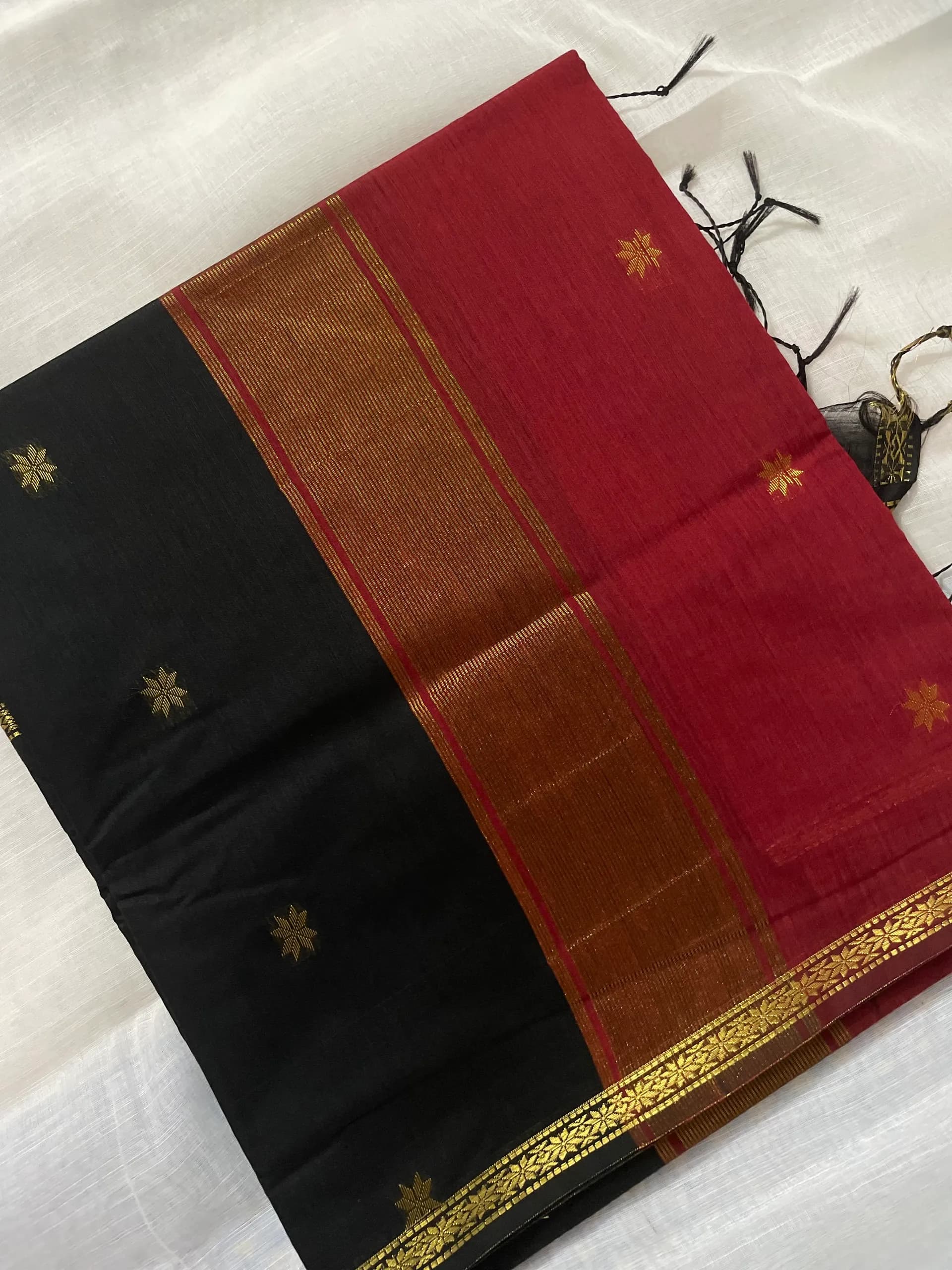 Maheswari cotton silk black and brick red