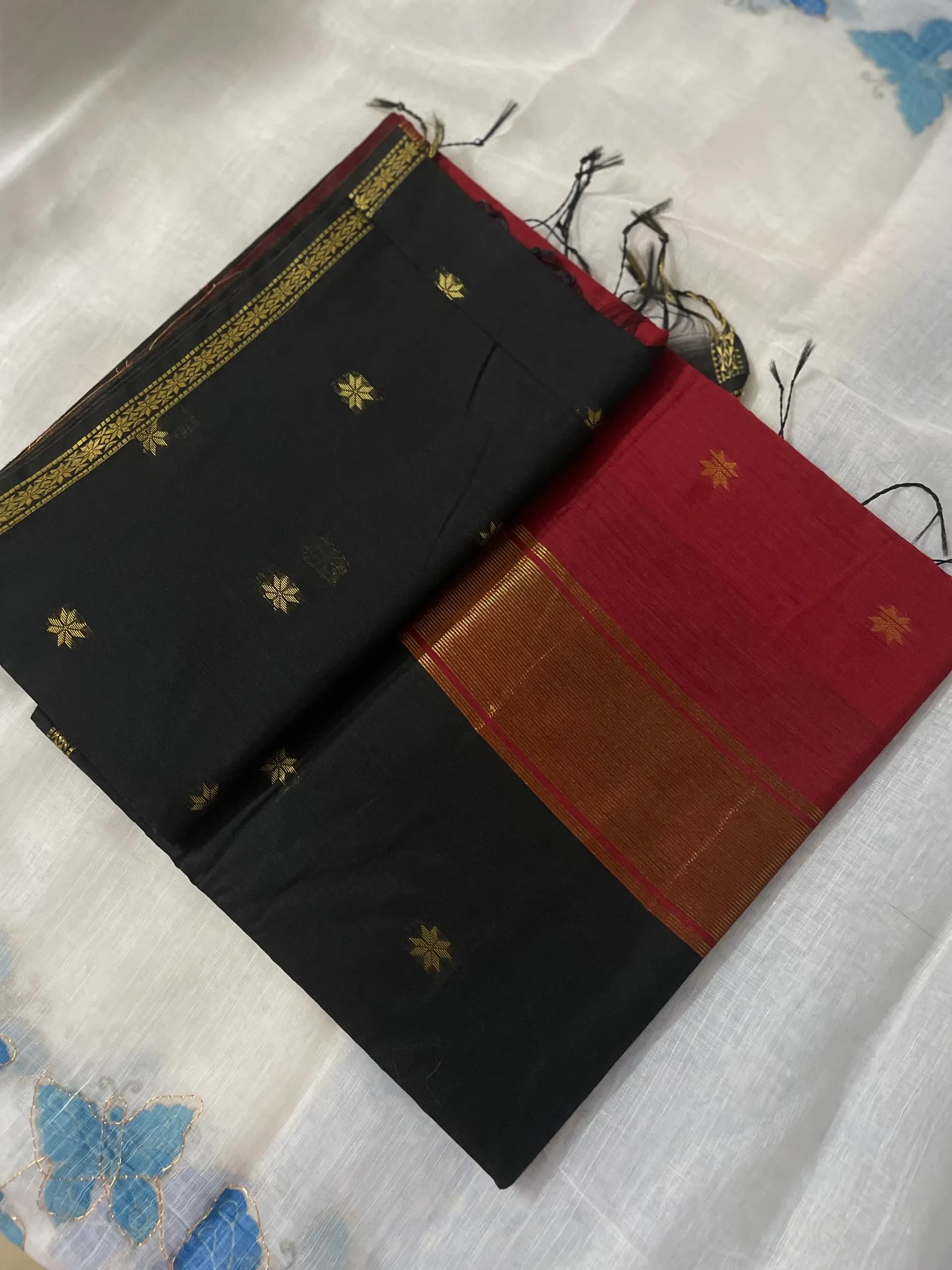 Maheswari cotton silk black and brick red