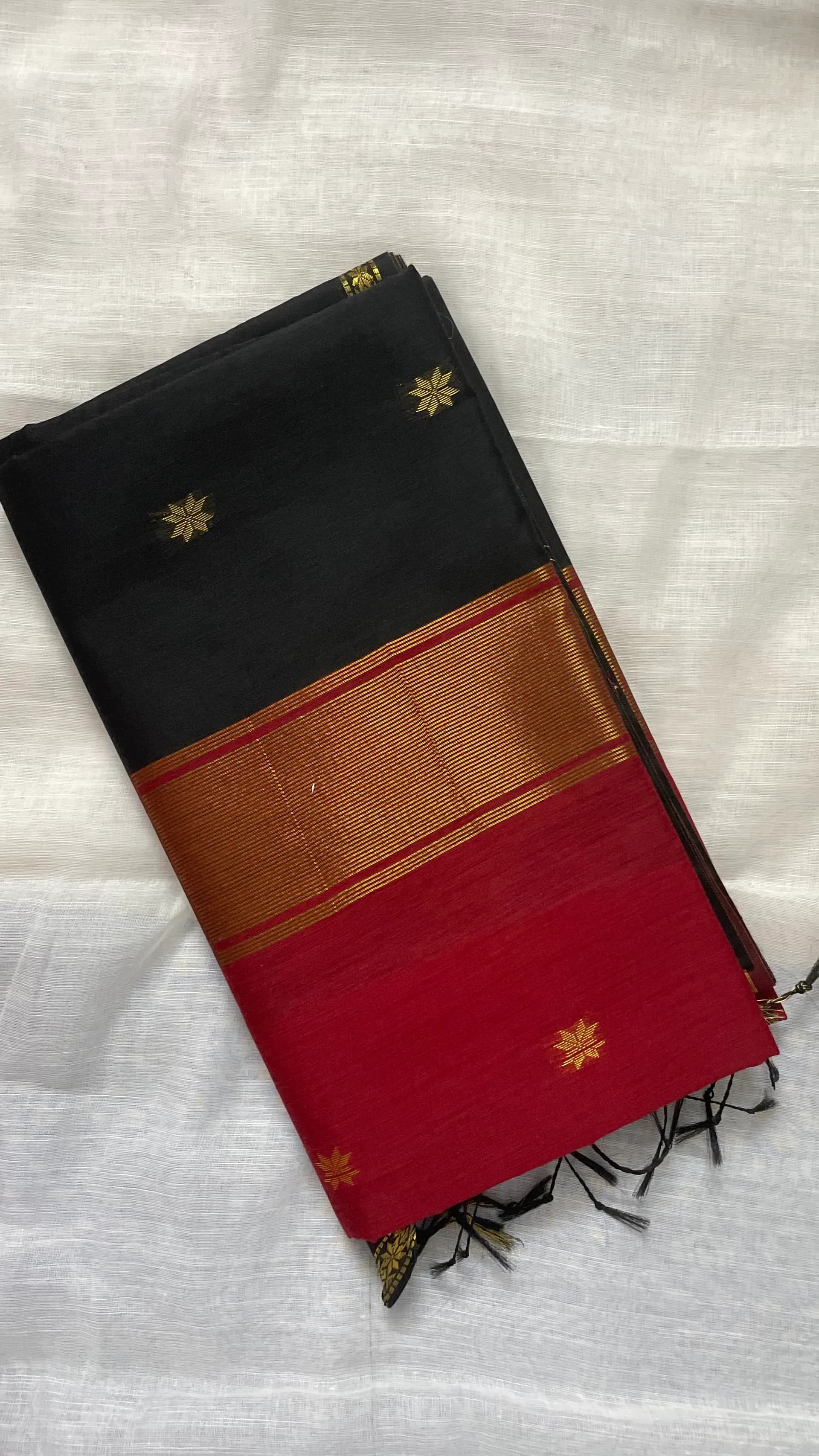 Maheswari cotton silk black and brick red