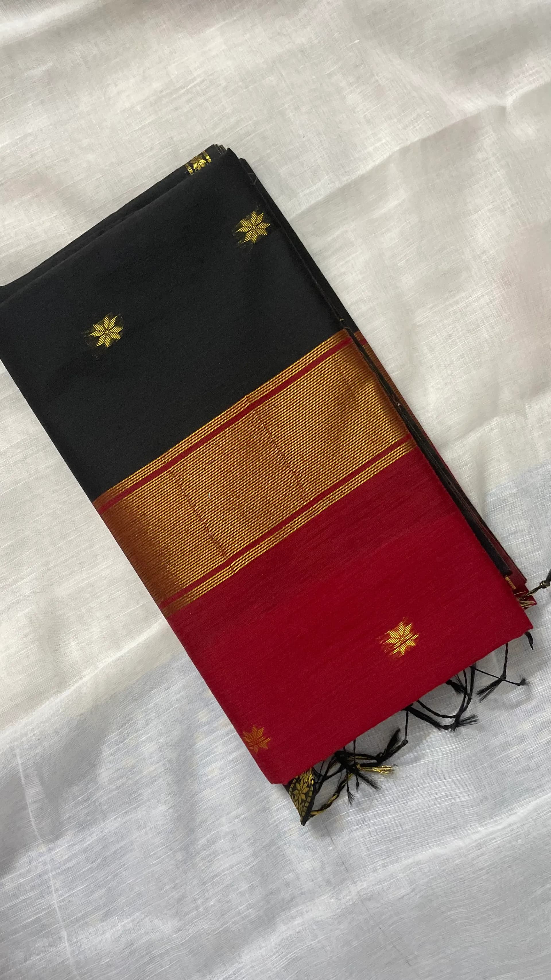 Maheswari cotton silk black and brick red