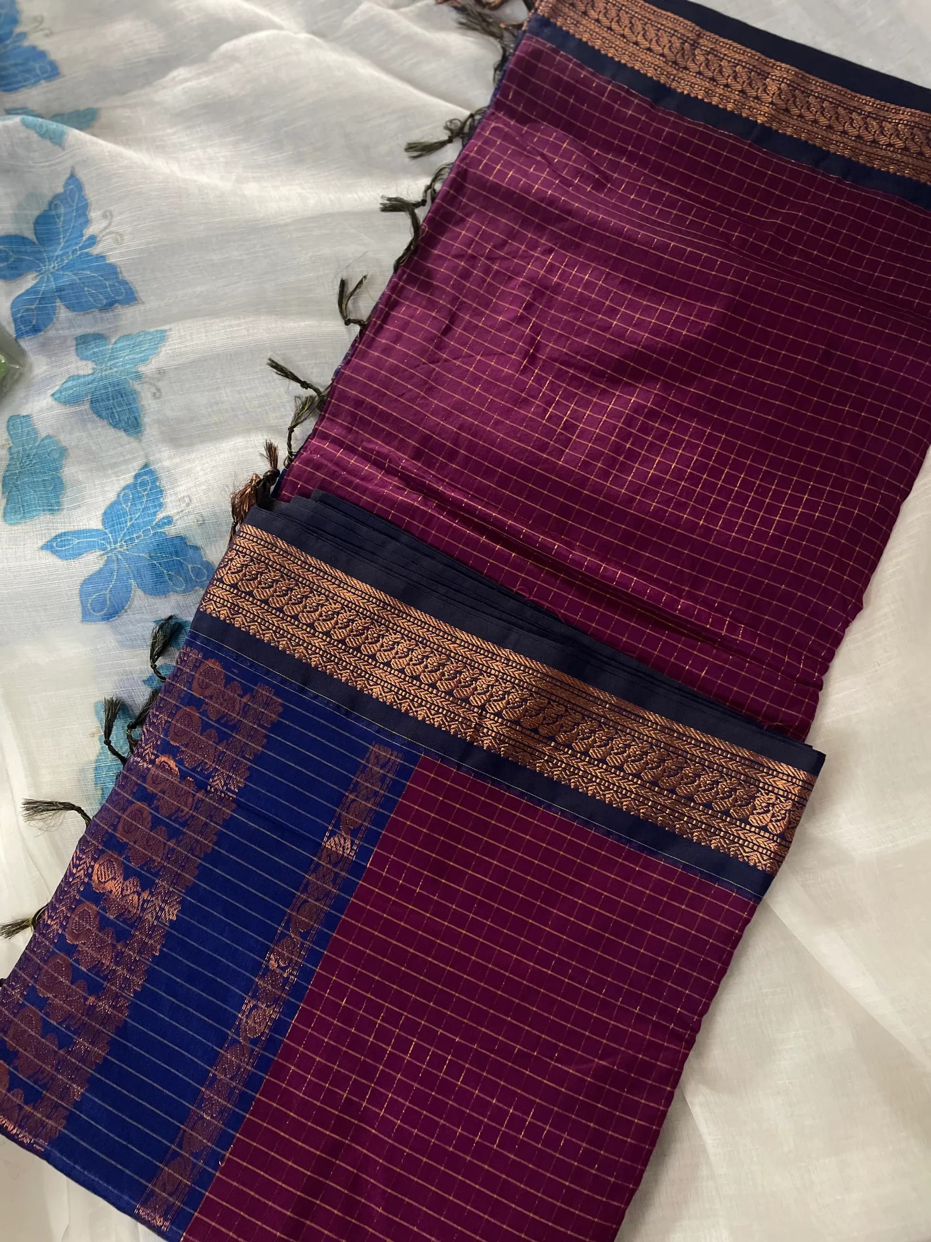 Checked Kalyani cotton (purple and blue)
