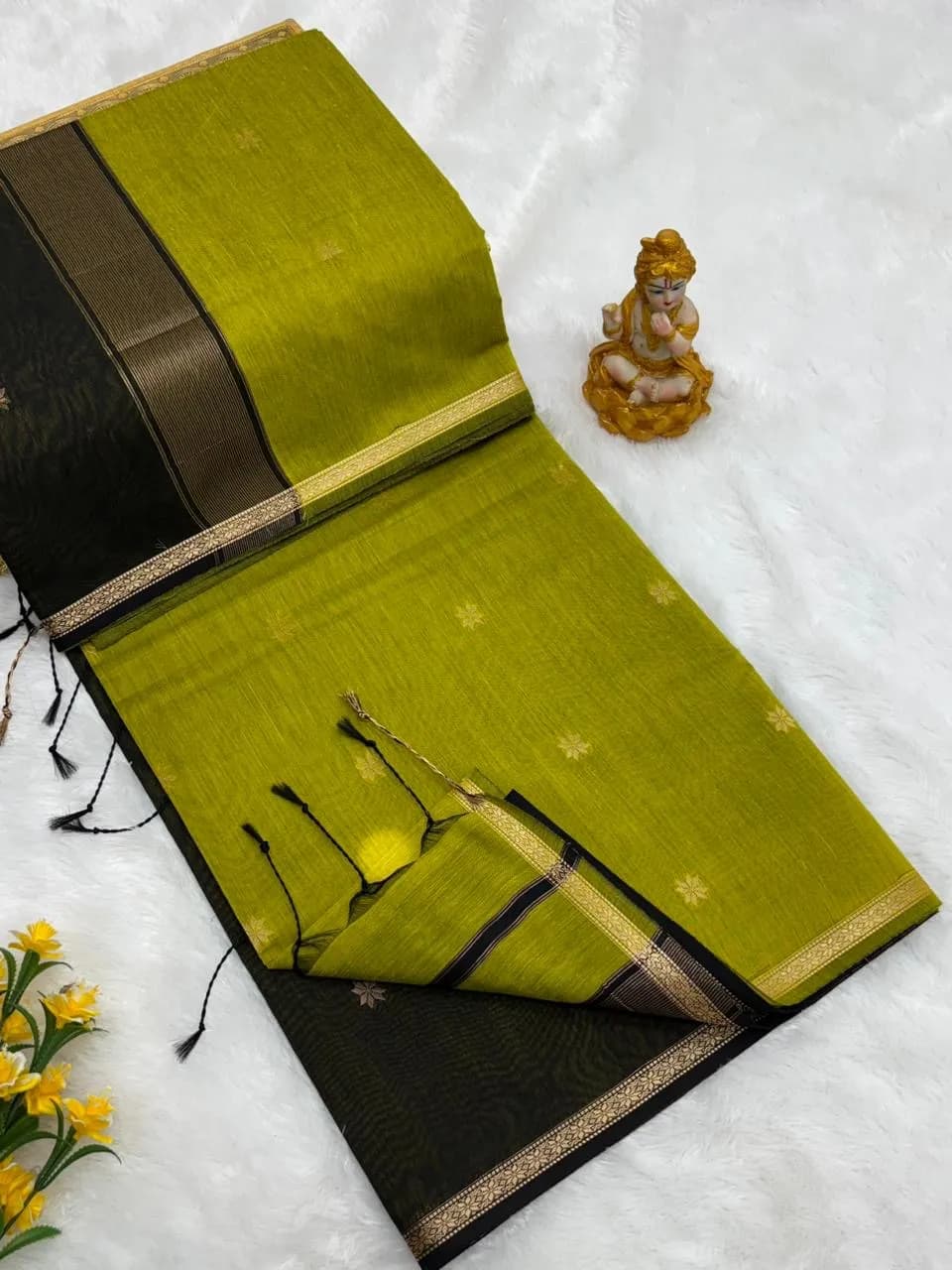 Maheswari silk cotton pea green and black