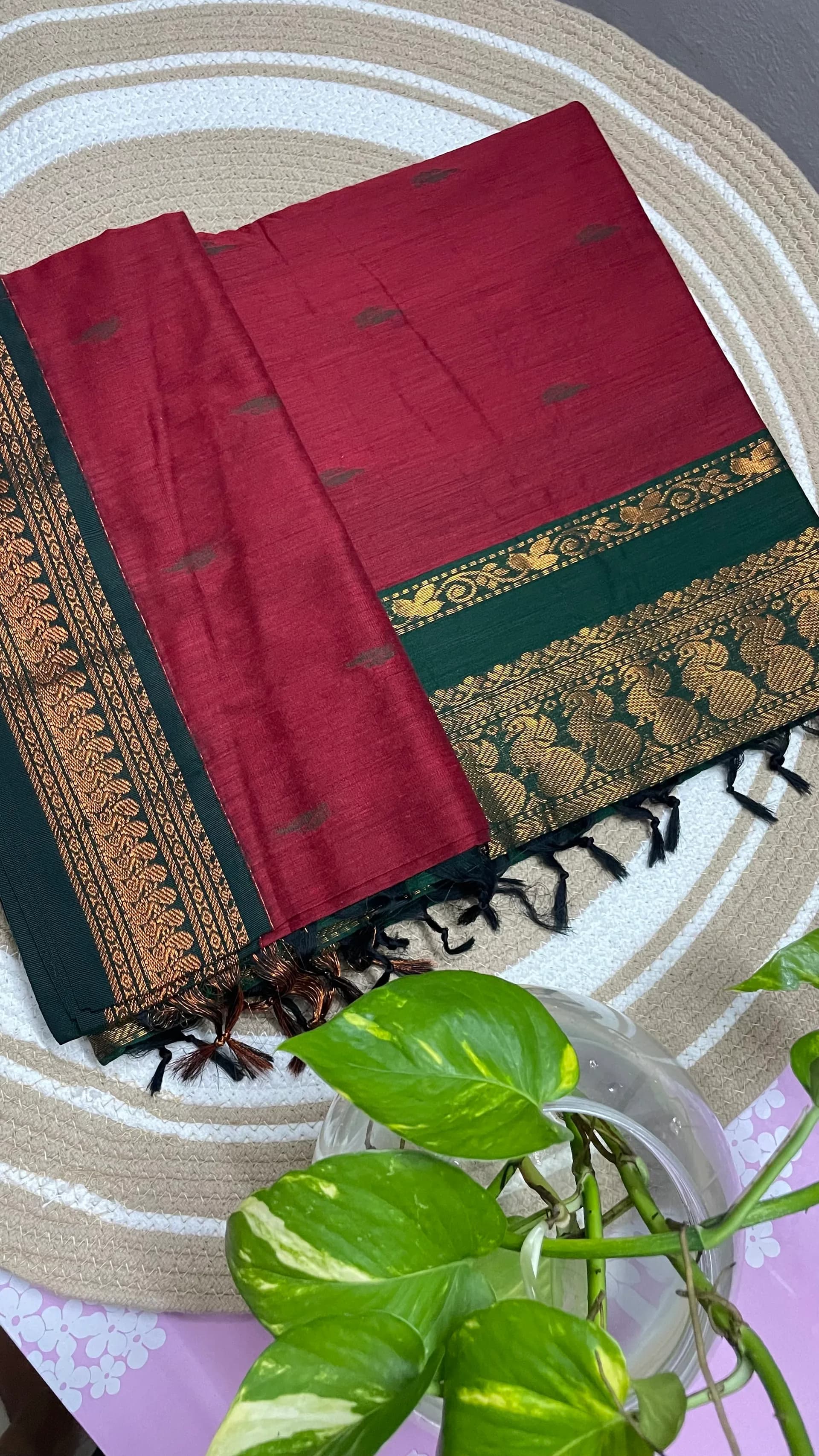 Kalyani cotton plain meroon and green combo