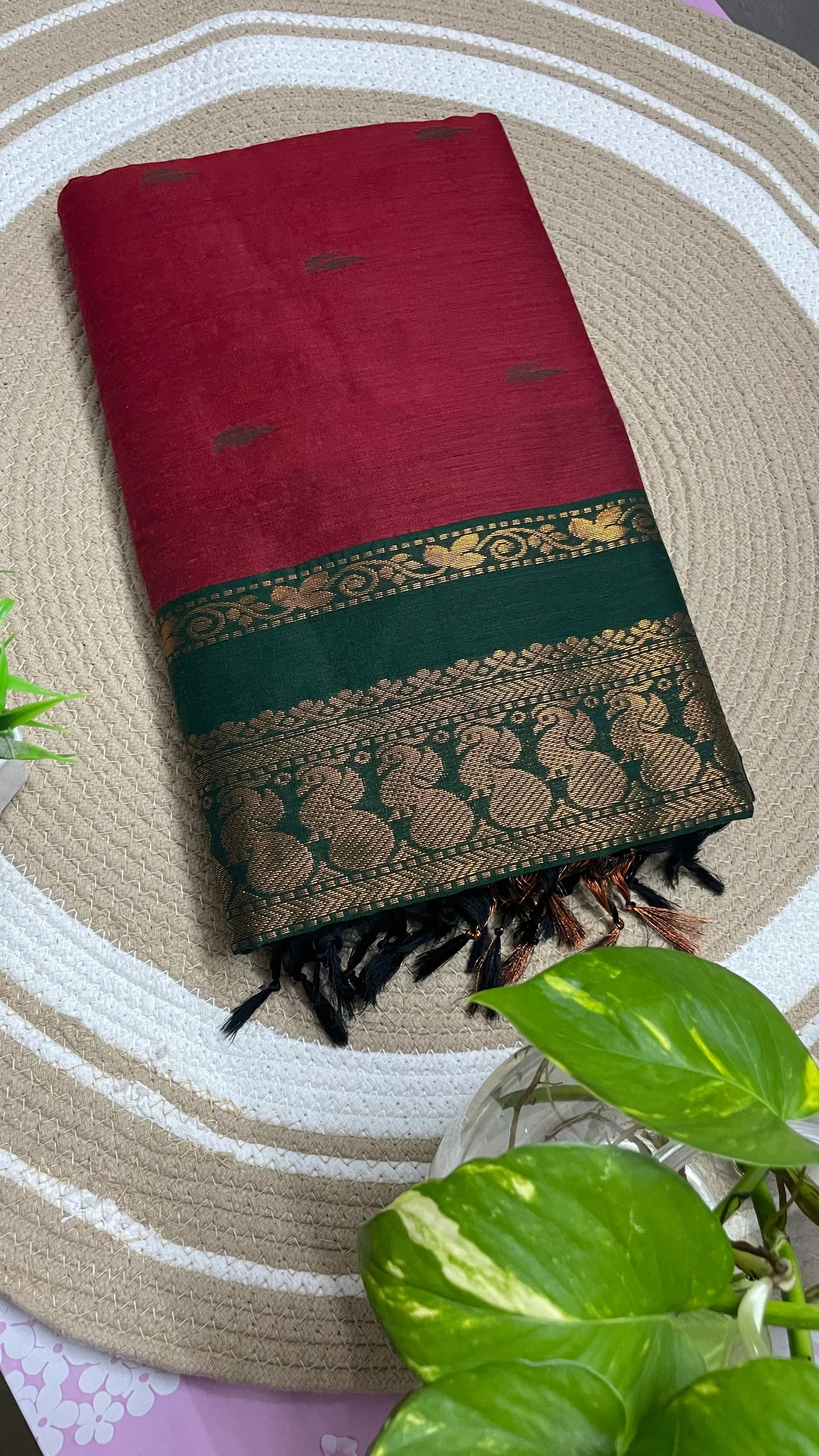 Kalyani cotton plain meroon and green combo