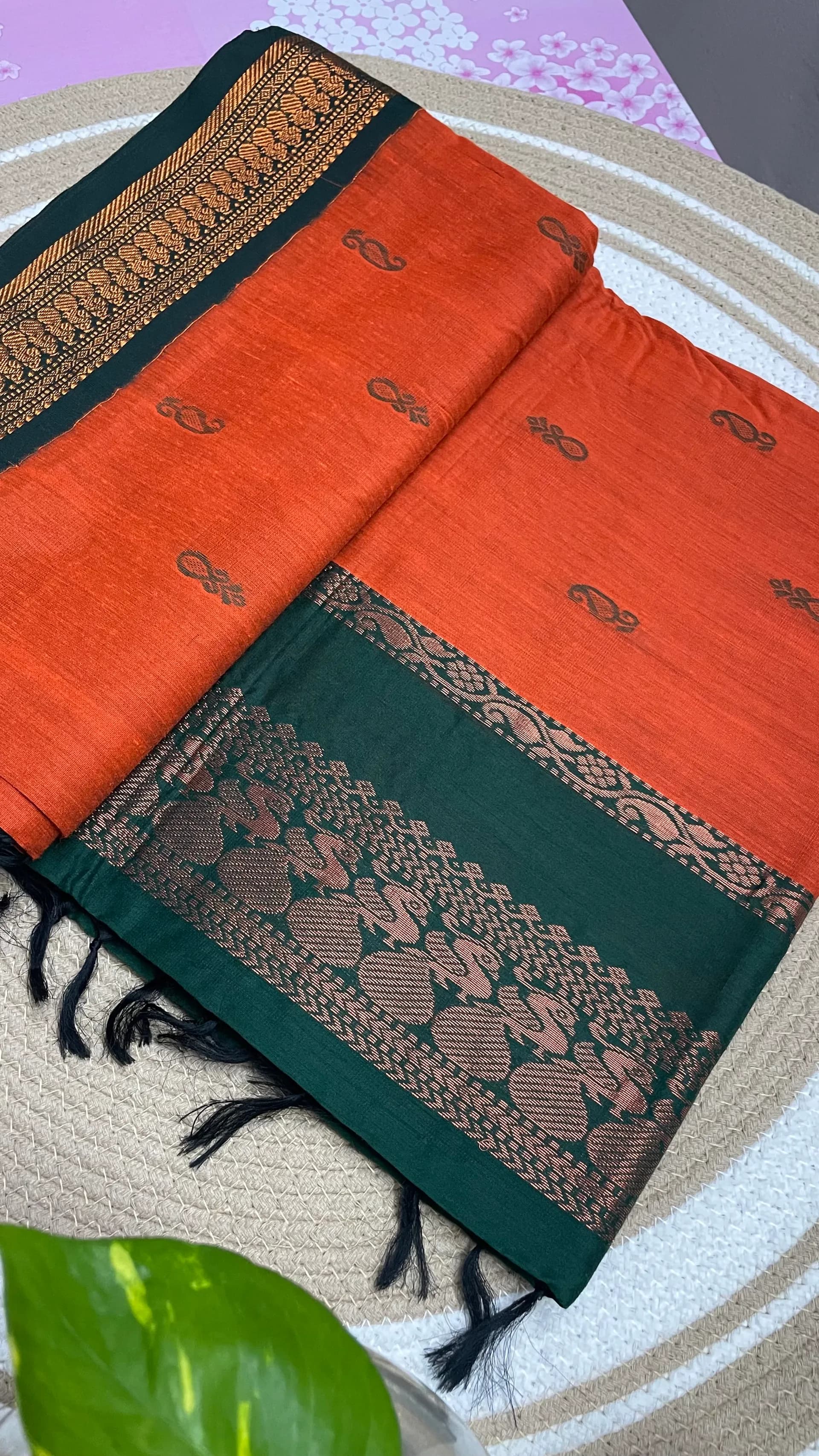 Kalyani Cotton plain Rust orange and green