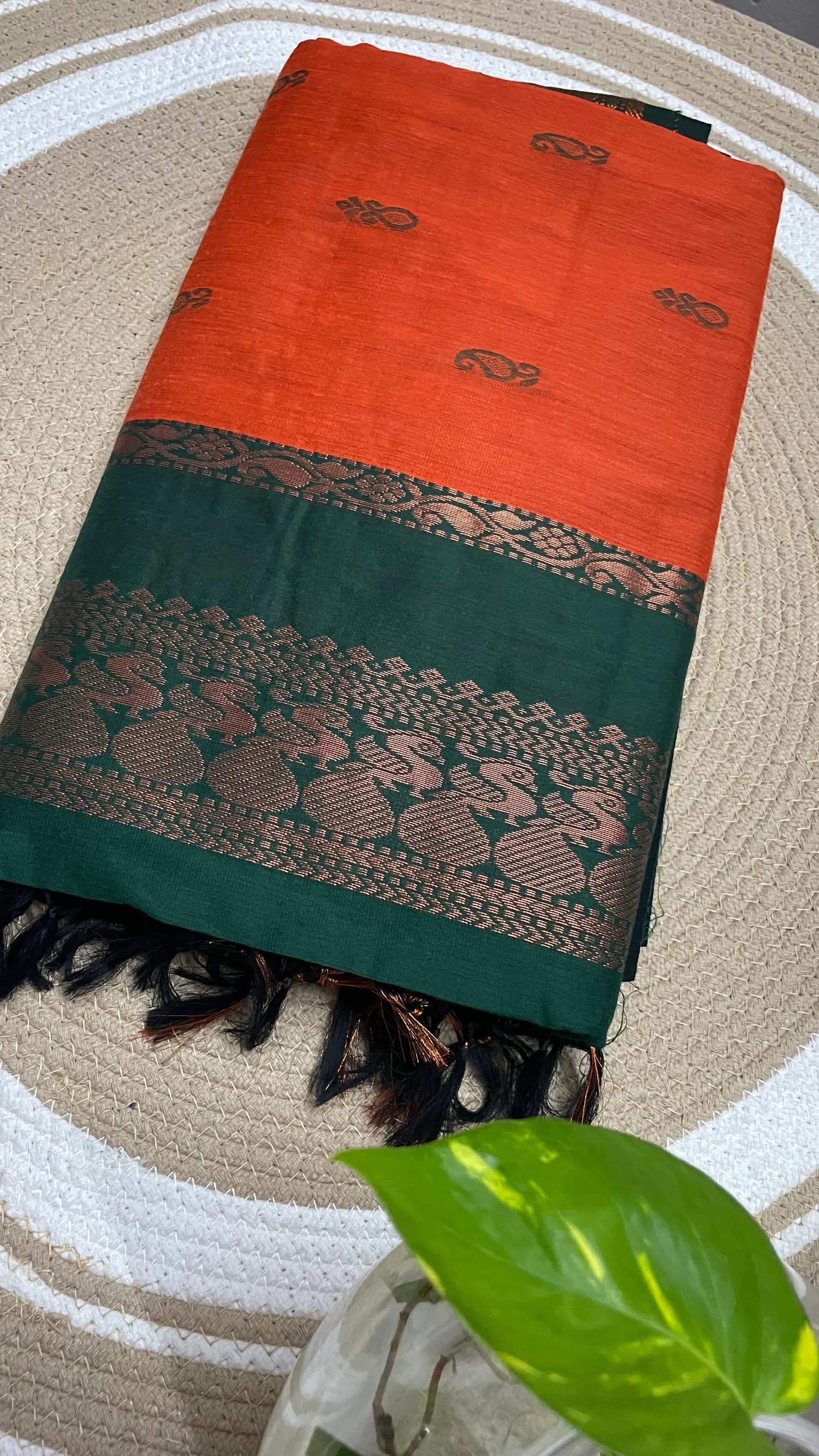 Kalyani Cotton plain Rust orange and green