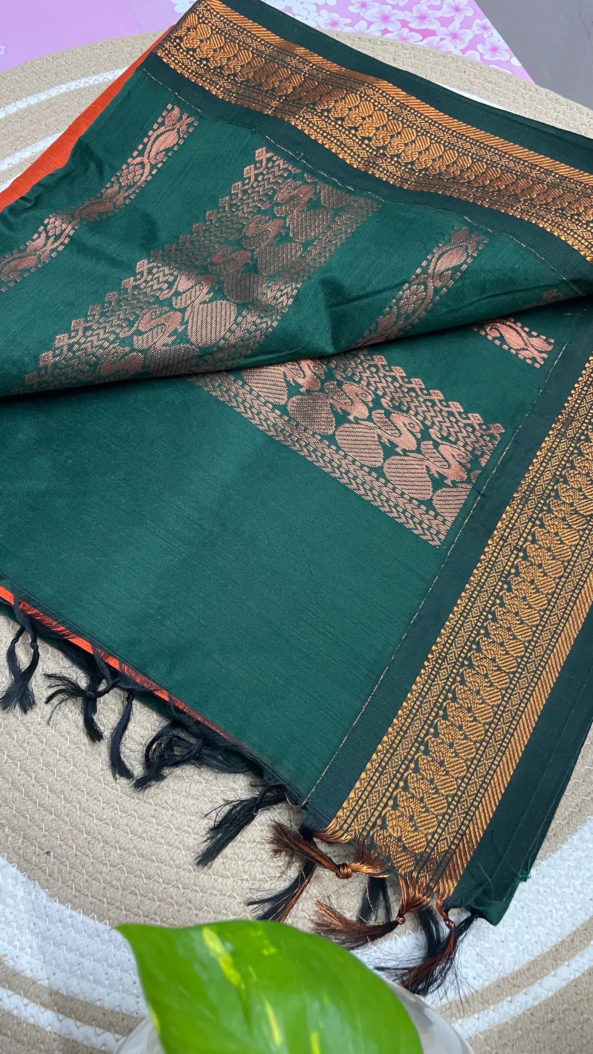 Kalyani Cotton plain Rust orange and green