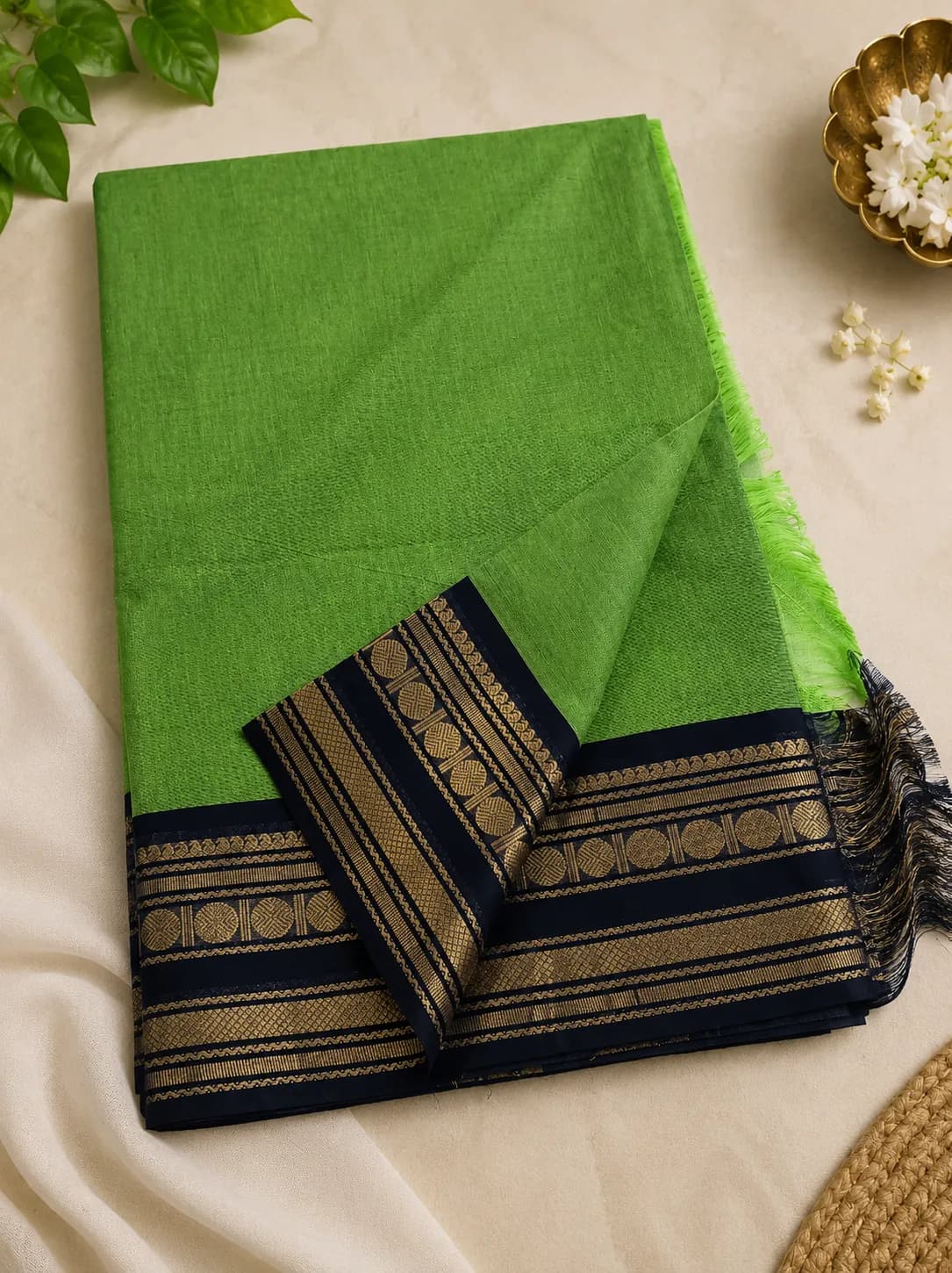 Kanchi cotton saree parrot green