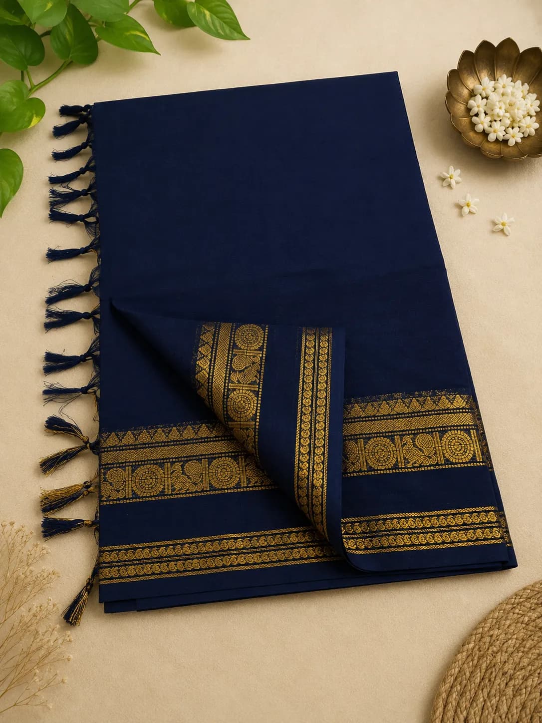 Kanchi cotton medium border navy blue