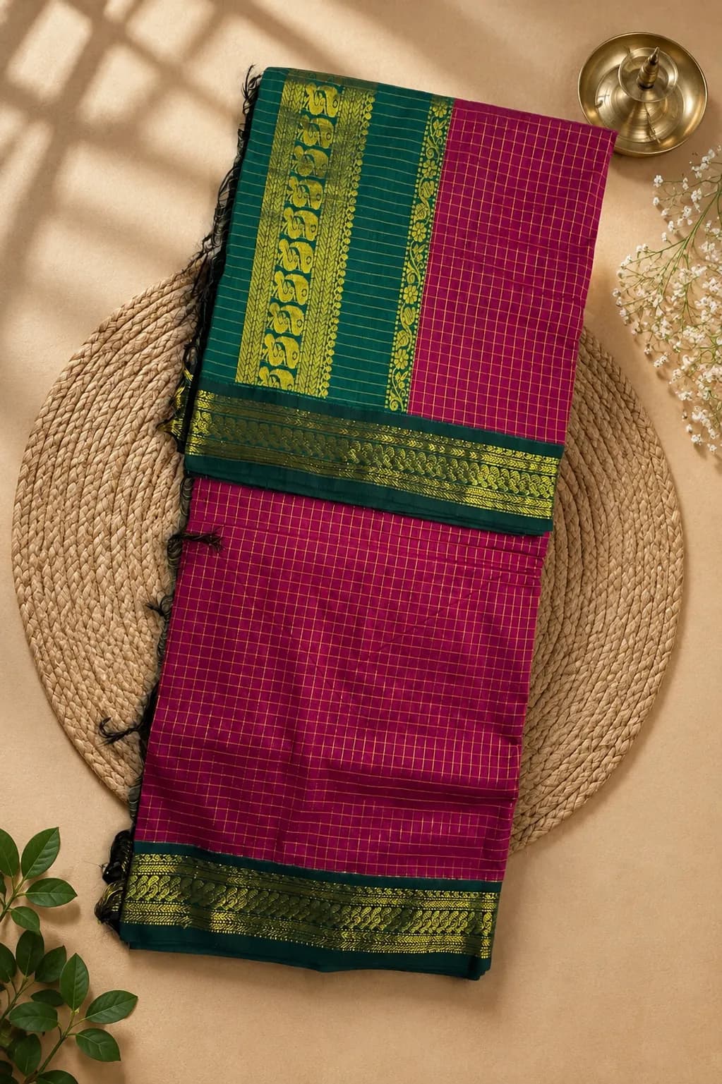 Checked kalyani cotton magenta and green combo