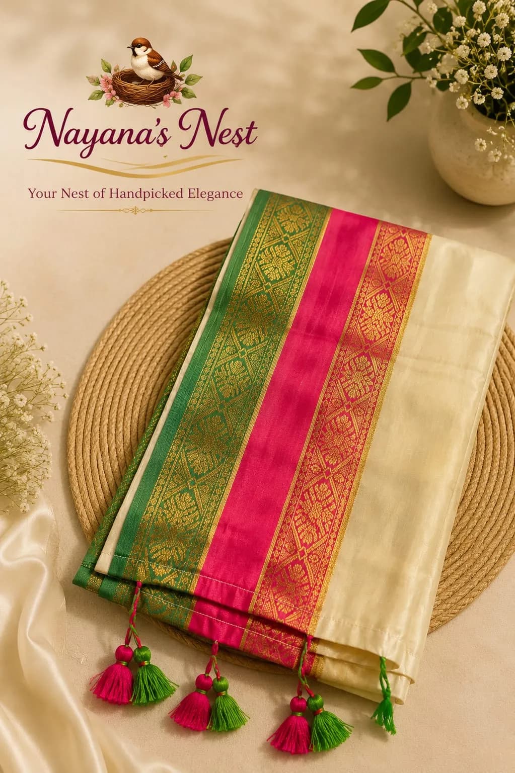120 count mulcotton saree with Kanchi border