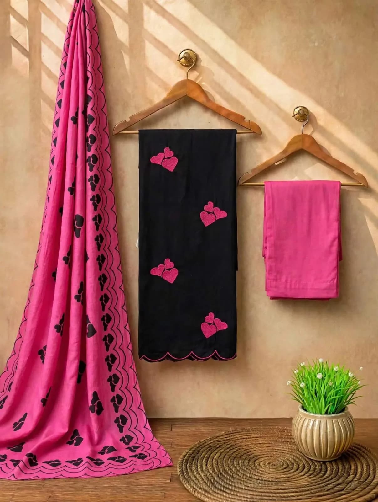 Unstitched soft cotton salwar material with heart embroidery