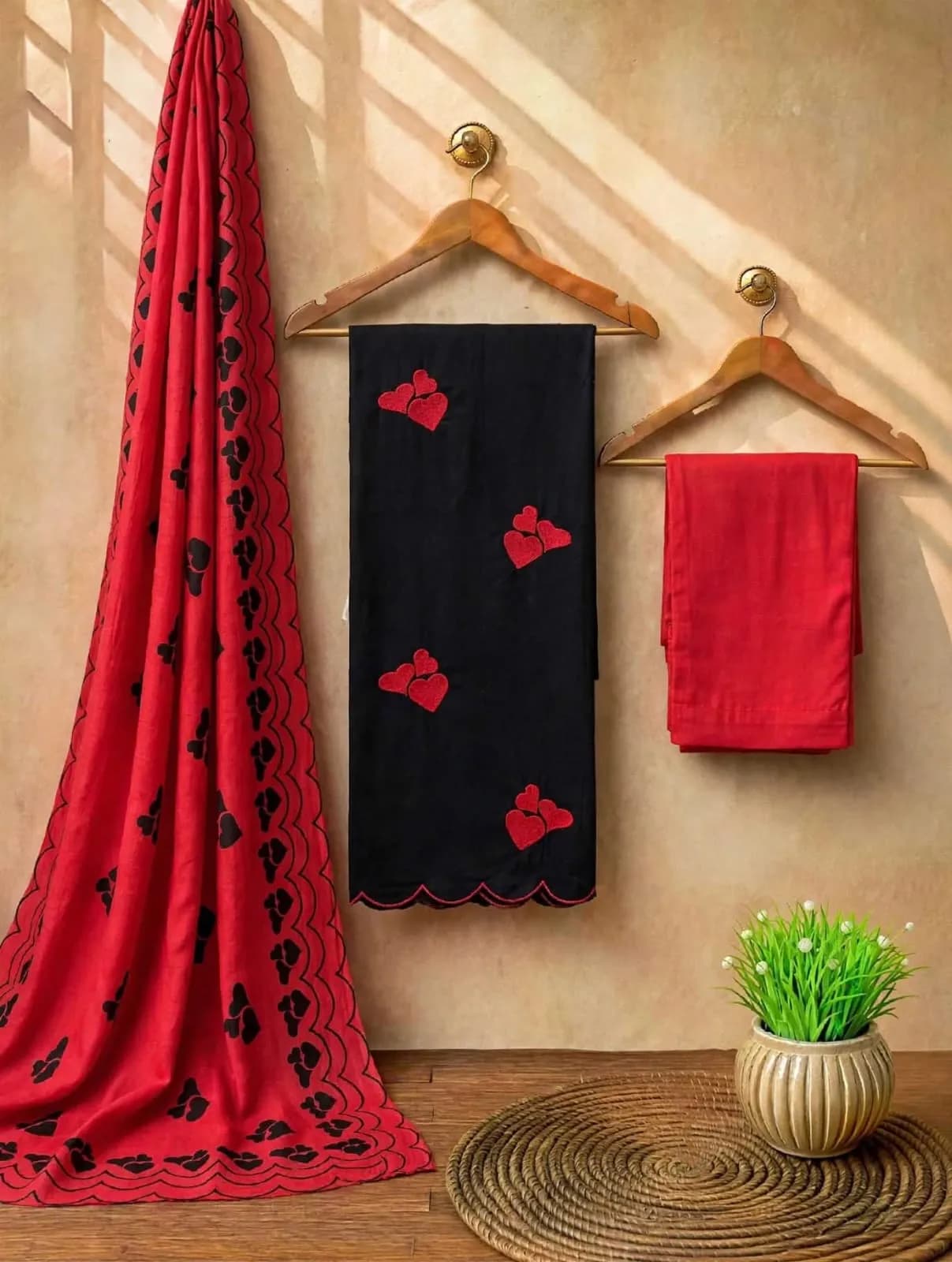 Unstitched salwar material with heart embroidery Red and black