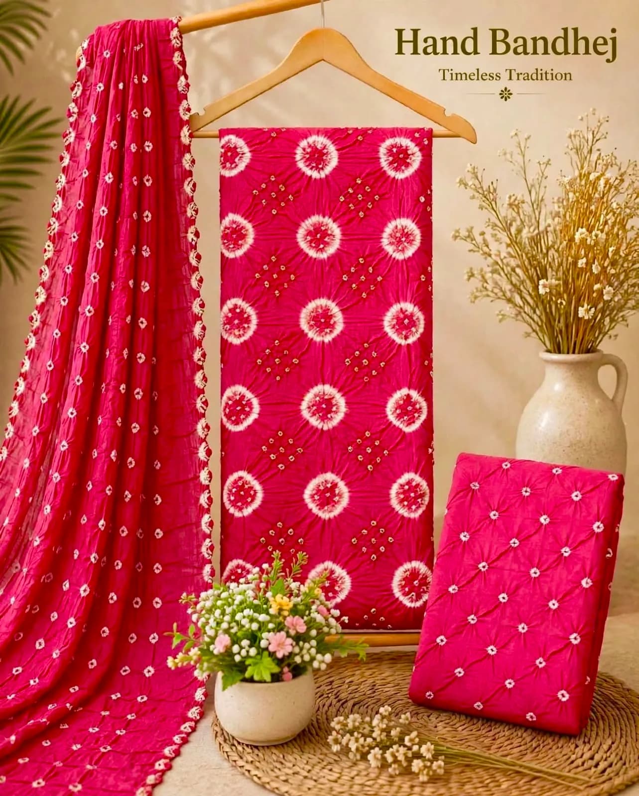 Bandhini unstitched salwar material dark rani pink and white